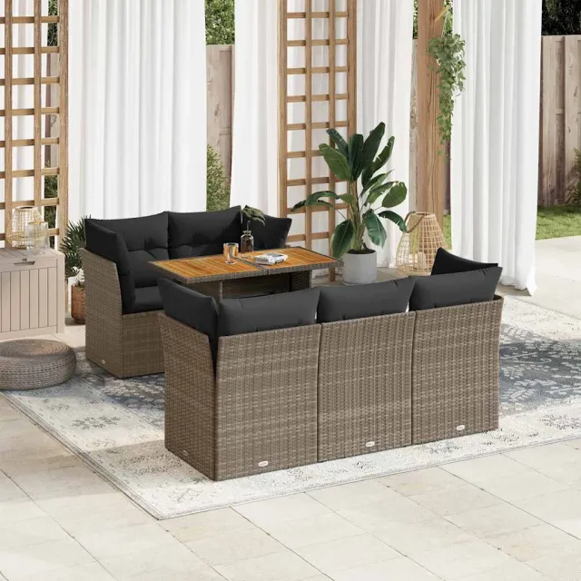 vidaXL 6-delige Loungeset met kussens poly rattan grijs, foto 2