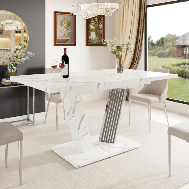 PHOEBE CAT Eettafel - Uitschuifbaar - 120/160 x 80 x 76 cm - Marmerlook - Wit + Zilver