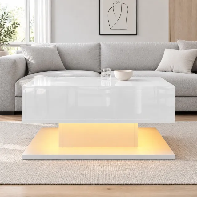 OKWISH Salontafel Met Hoogglans Wit, Verstelbaar Tafelblad, Klapdeksel, 2 Lades, Ledverlichting Via App, 72×72×35 Cm