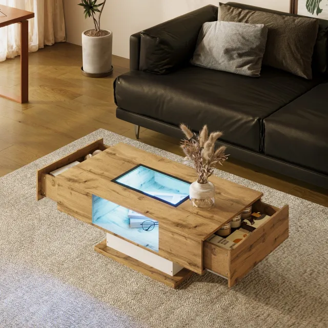 MEUNIQ Salontafel 110,2 x 60 x 39,7 cm met appgestuurde LED-verlichting, glazen blad, open opbergvak en 2 lades voor woonkamer – naturel, wit en zwart Natuurlijk hout, wit en zwart