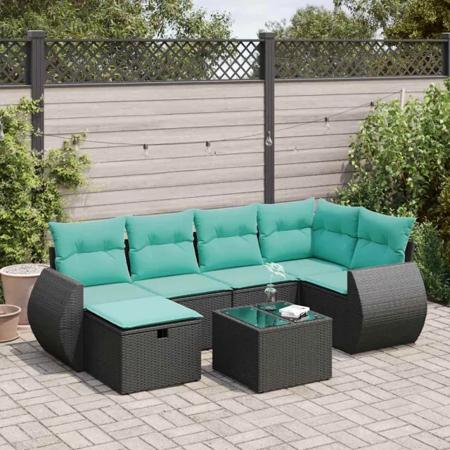 vidaXL 7-delige Loungeset met kussens poly rattan zwart, foto 2