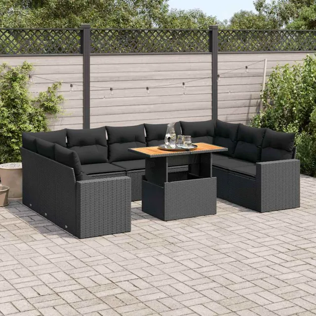 vidaXL 10-delige Loungeset met kussens poly rattan zwart, foto 2