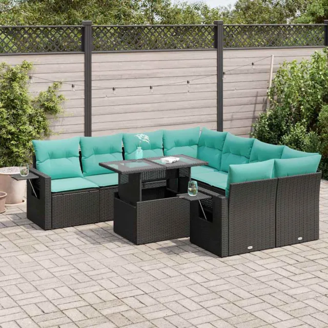 vidaXL 9-delige Loungeset met kussens poly rattan acacia zwart, foto 2