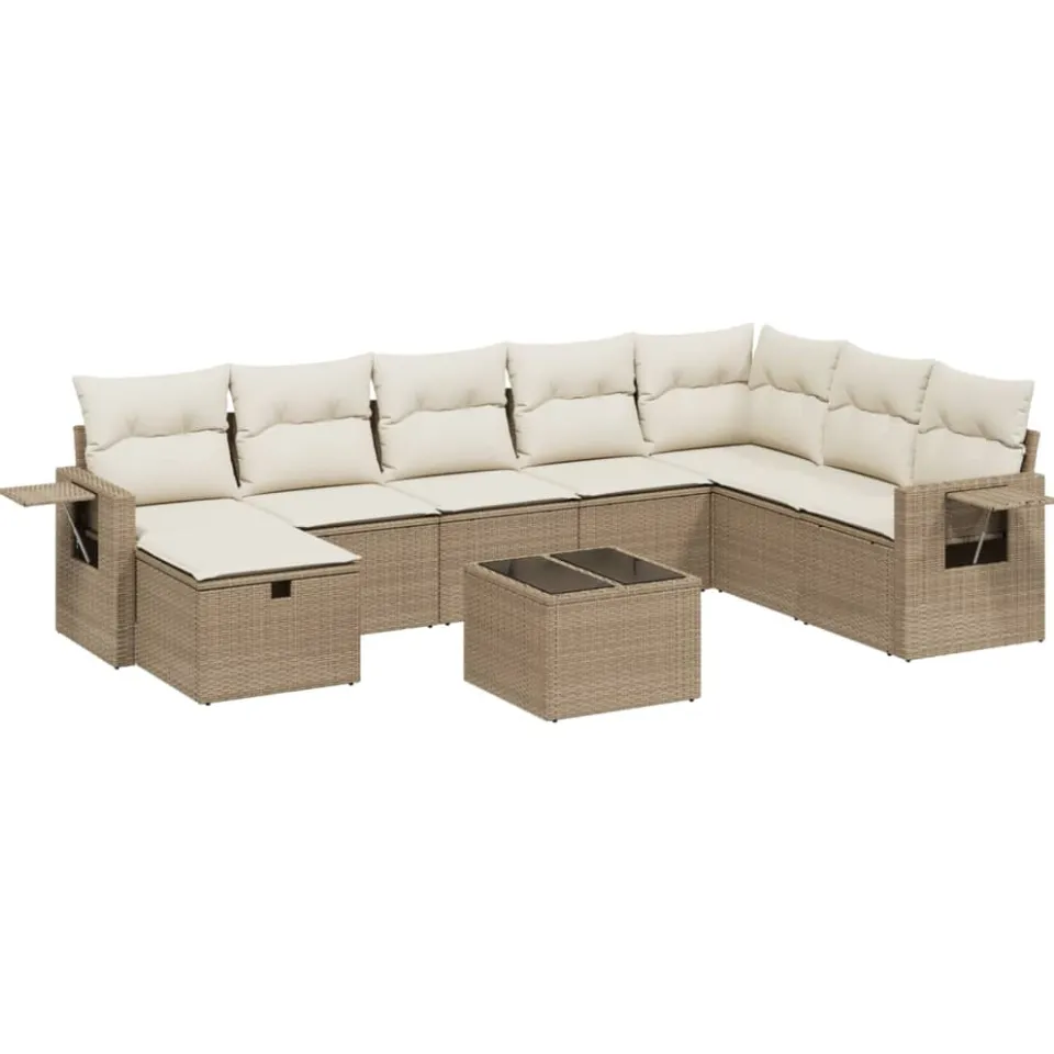 vidaXL 9-delige Loungeset met kussens poly rattan beige