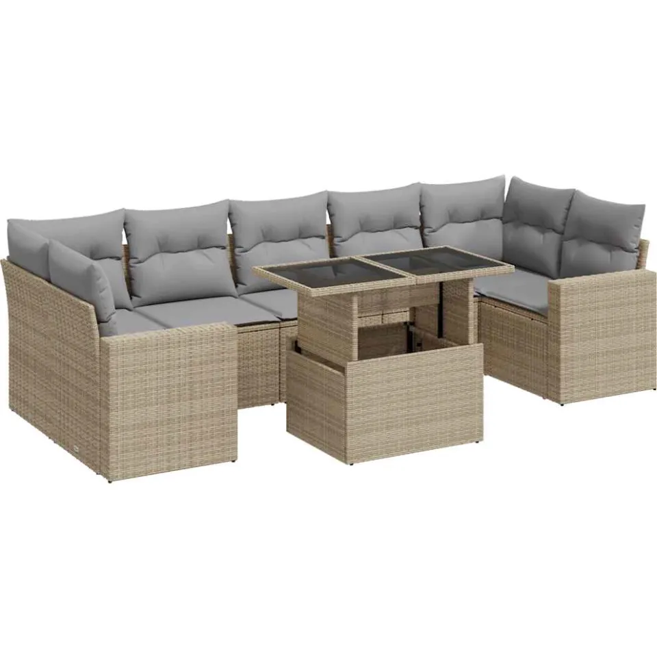 vidaXL 8-delige Loungeset met kussens poly rattan beige, foto 3