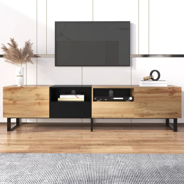 Solvenrik TV-meubel 190 cm Zwart & Houtlook – TV-kast met 2 Deuren, 2 Lades en Opbergruimte