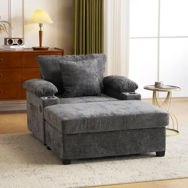 COVREO Fauteuil 148x98x83 cm donkergrijs, chenille met hocker en bekerhouder