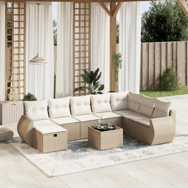 vidaXL 9-delige Loungeset met kussens poly rattan beige, foto 2