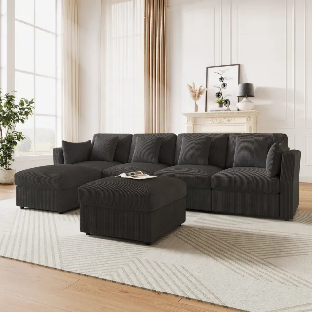 OKWISH U-Bank 290 x 159,5 cm - Modulaire Hoekbank Met Verstelbare Armleuningen & Hockers - Cord - Grijs