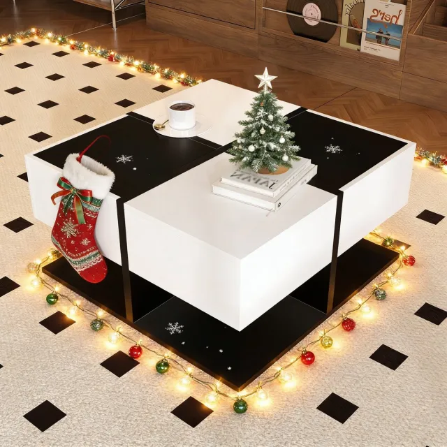 REDOM Vierkante salontafel 70×70×35,5 cm – zwart-wit kleurblok, 2 lades met lichtlopende rails, modern hoogglans design Zwart + Wit