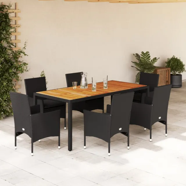 vidaXL 7-delige Tuinset met kussens poly rattan en acaciahout zwart, foto 2