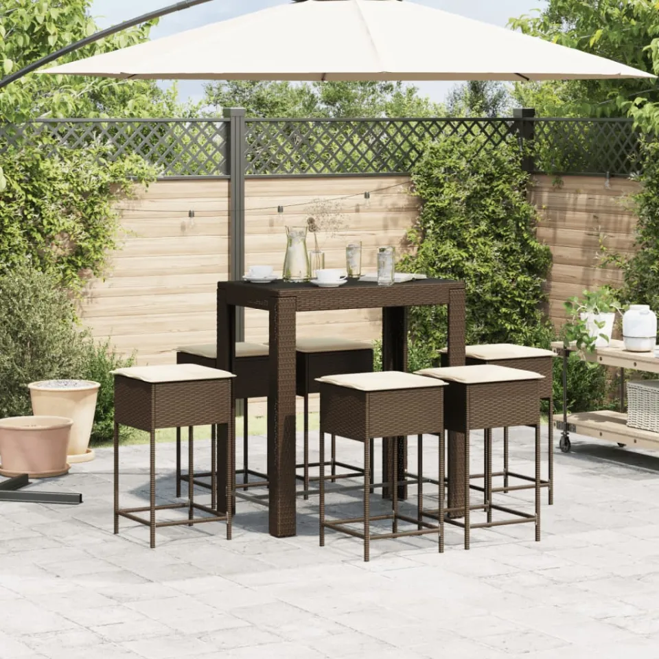 vidaXL 7-delige Tuinbarset met kussens poly rattan bruin, foto 2