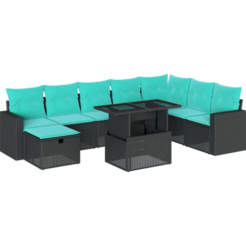 vidaXL 9-delige tuinbankset met kussens van zwart polyrotan, foto 3