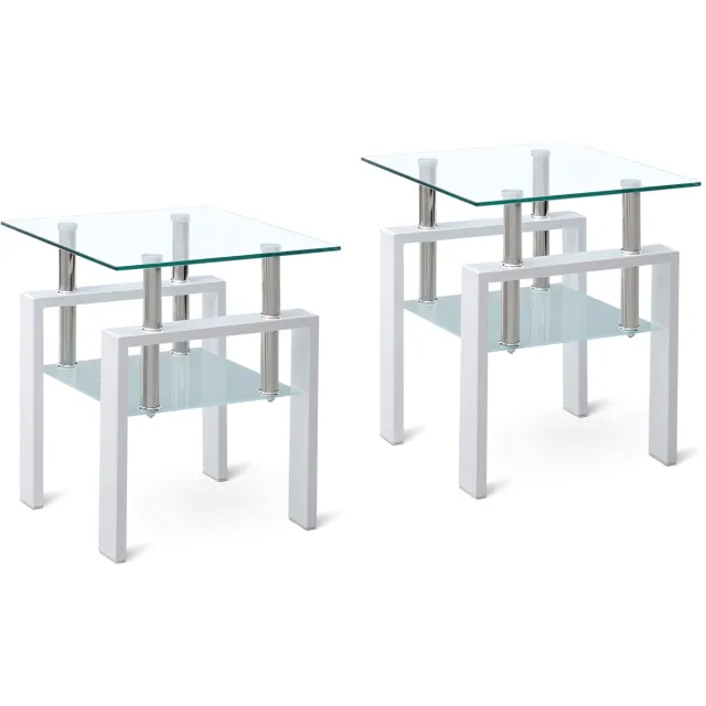 STILVORA Bijzettafel Set Van 2 - Vierkant Transparant Gehard Glas Met Twee Lagen - Opbergruimte Voor Woonkamer En Slaapkamer - Metaal - 50,5 X 50,5 X 23 Cm - Wit Clear