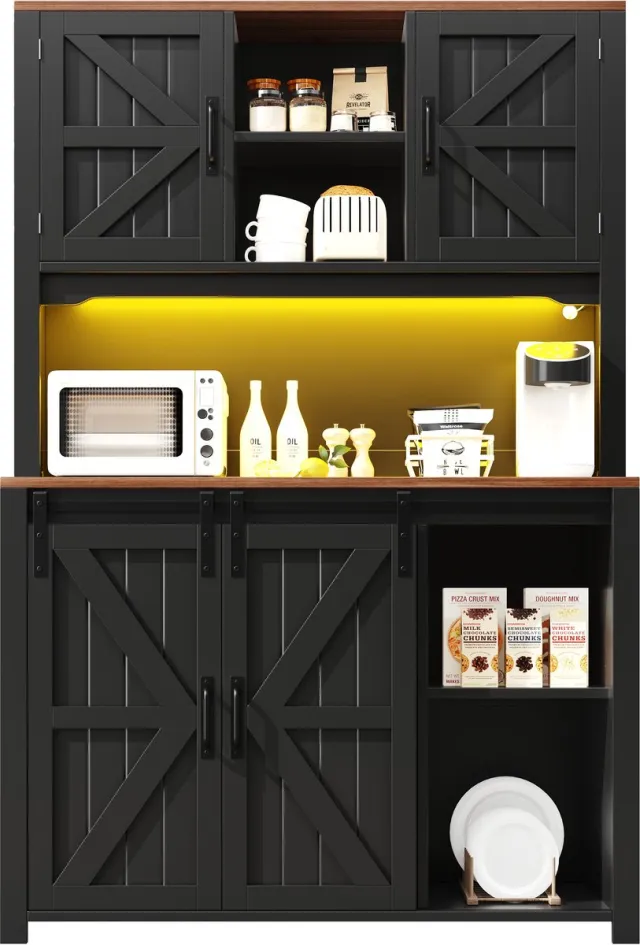 in& out door furniture Keukenkasten (115 x 40 x 174,7 cm), hoge keukenkasten, dressoirs, keukenkasten met schuifdeuren en LED-verlichting, zwart