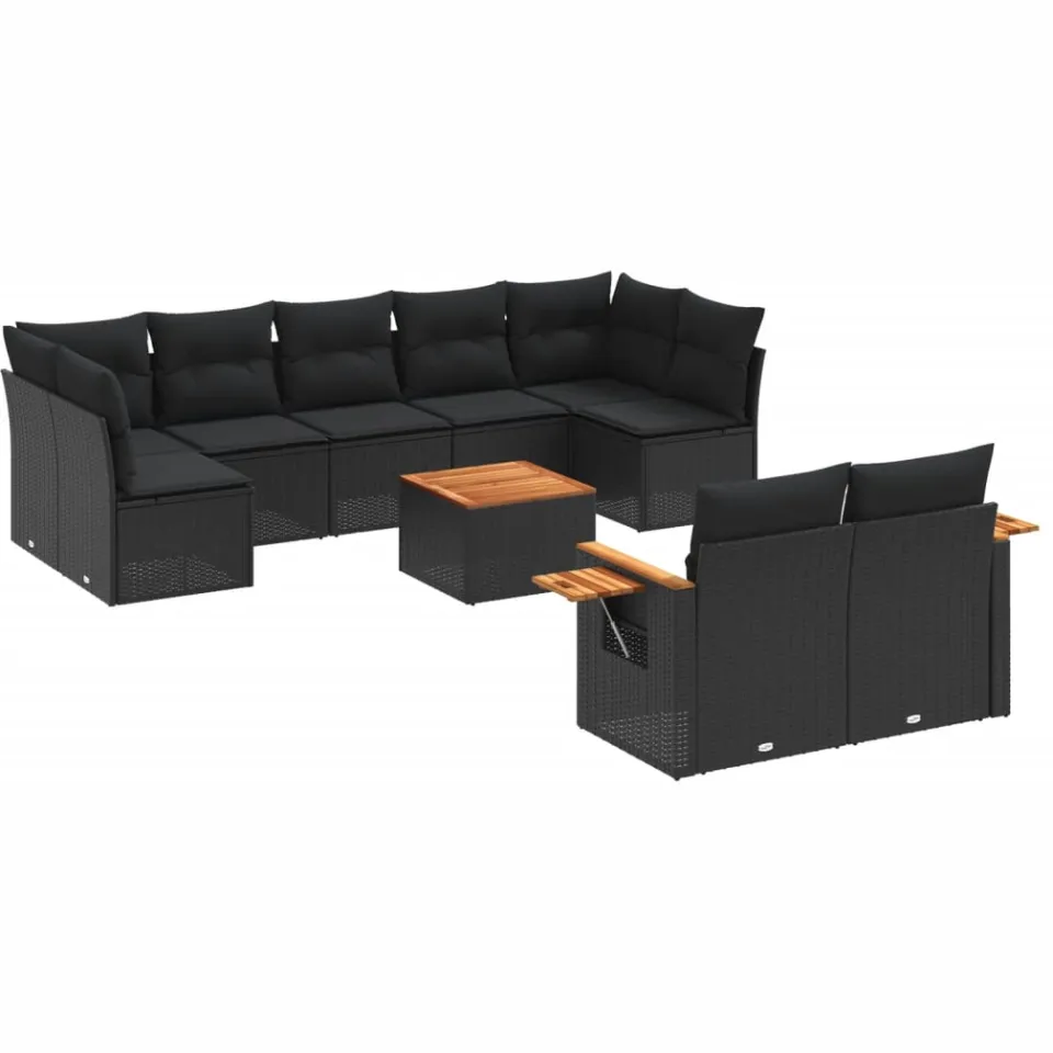 vidaXL 10-delige Loungeset met kussens poly rattan zwart, foto 3