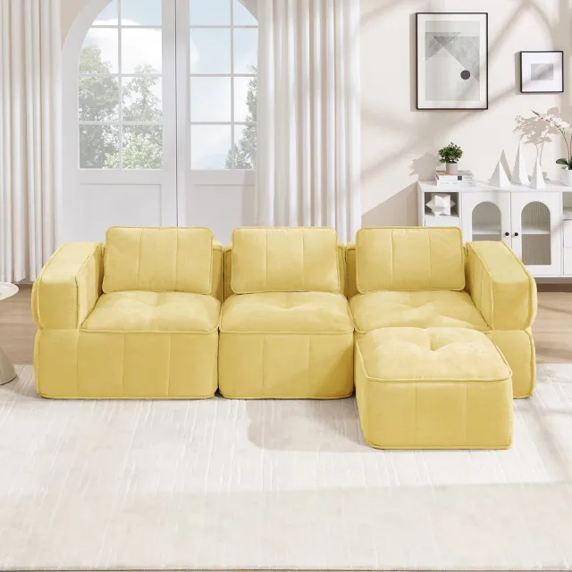 COVREO Hoekbank met hocker, 3 zitplaatsen – 271x162x67 cm – Modulaire bank, polyester – Zitmeubel met 32D schuim – Geel