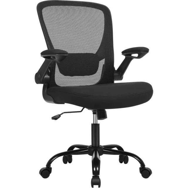 FurnStar Bureaustoel – Ergonomische Office Chair met Opklapbare Armleuningen – 360° Draaistoel – Verstelbare Lendensteun – Zwart – OBN37BK