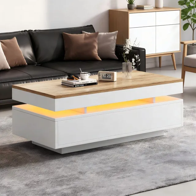 PHOEBE CAT Salontafel - Hoogglans - 2 lades - LED-verlichting - 100 x 50 x 35 cm - Wit + Natuurlijke