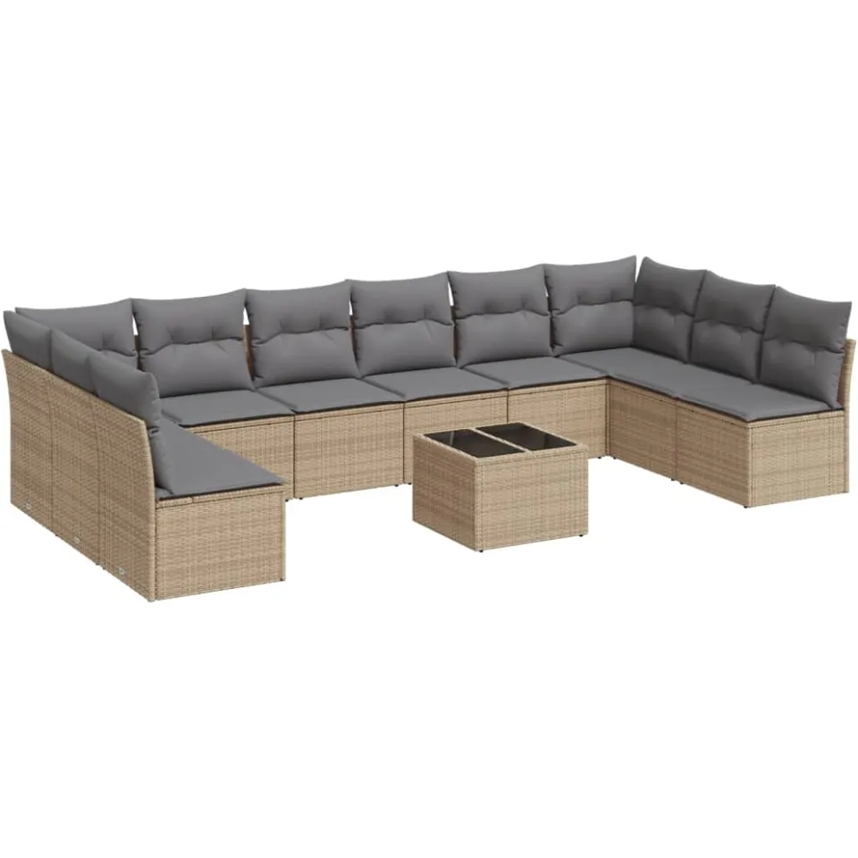 vidaXL 11-delige Tuinset met kussens poly rattan beige, foto 4