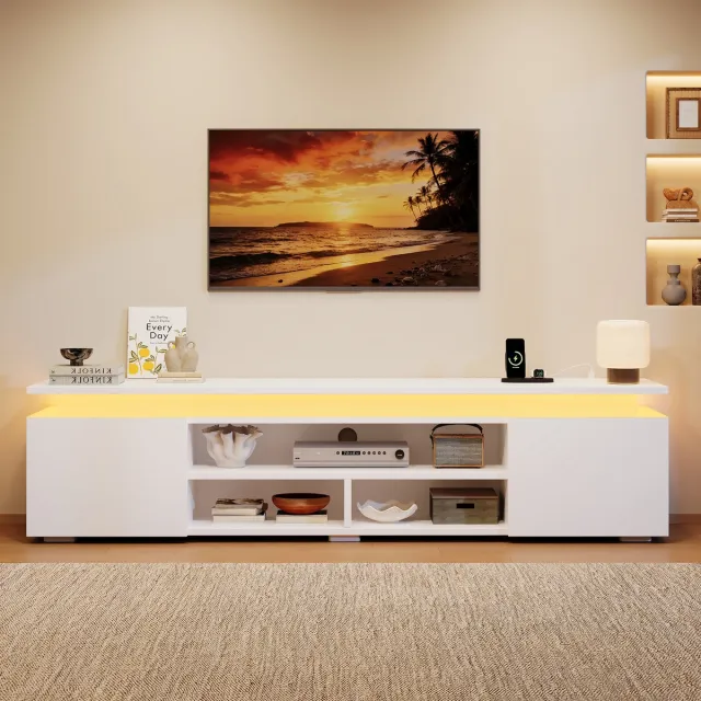 MIVRAY TV-Meubel - RGB-Ledverlichting Met App, Spraak- En Tijdschakeling - Open Vakken Voor Woonkamer - MDF - 180x35x42 Cm - Wit