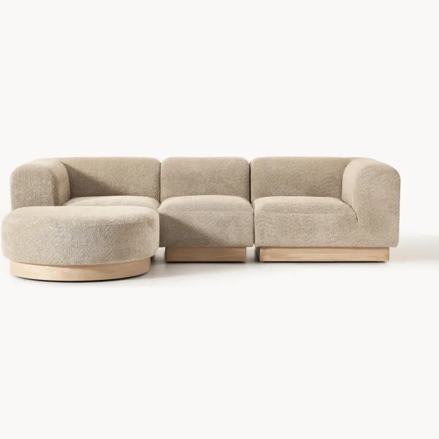 Westwing Collection Modulaire teddy bouclé bank Natalie (3-zits) met poef (links/rechts) Beige
