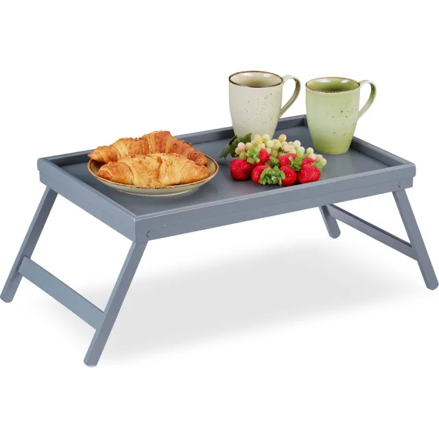 Relaxdays bedtafel bamboe - voor op bed - inklapbaar - verhoogde rand - 4 x 50 x 31 cm - op poten - grijs