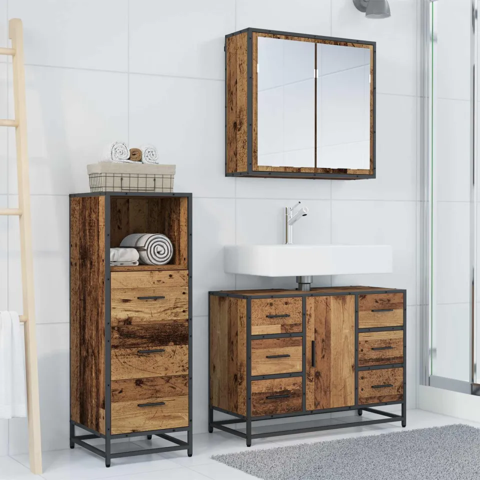 vidaXL Badkamermeubelset 3 st Oud Hout 80 x 33 x 60 cm Bewerkt hout bruin, foto 3