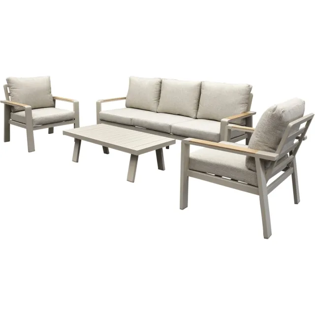 AVH-Collectie Lola stoel bank loungeset 4 delig latte zand aluminium teak Zand / Latte / Linen