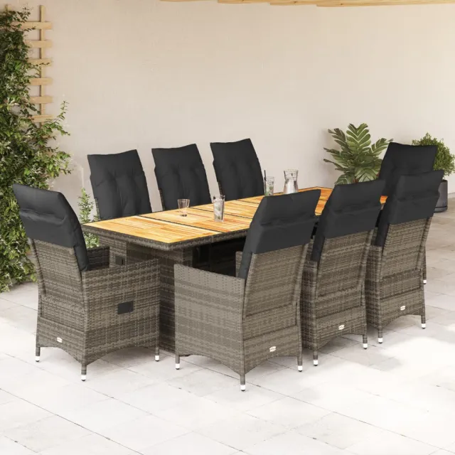vidaXL 9-delige Bistroset met kussens poly rattan grijs, foto 2