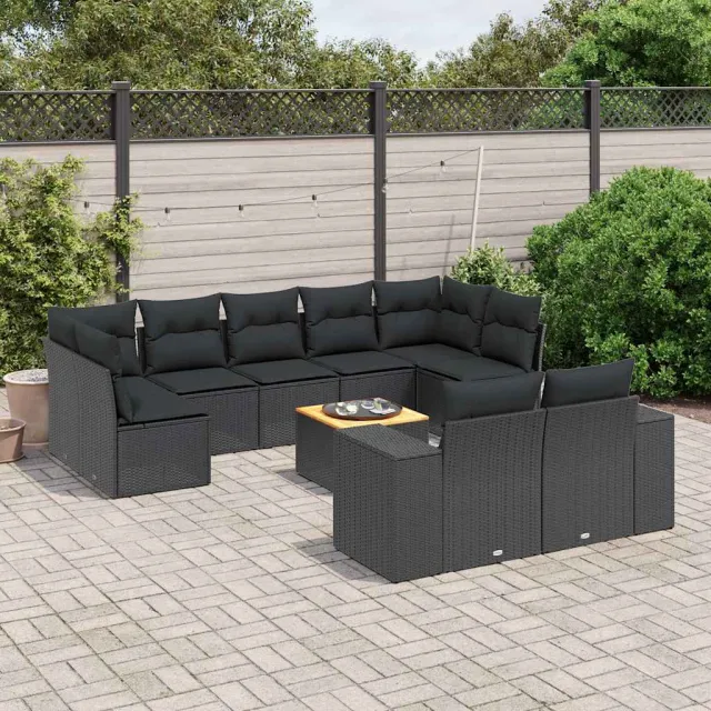vidaXL 10-delige Loungeset met kussens poly rattan zwart, foto 2
