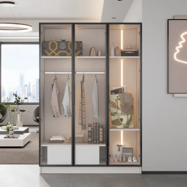 MODFU Kledingkast - 3 Glazen Deuren En 1 Lade - Led-Verlichting - Voor Slaapkamer - Spaanplaat - Wit - 110 X 50 X 160 Cm