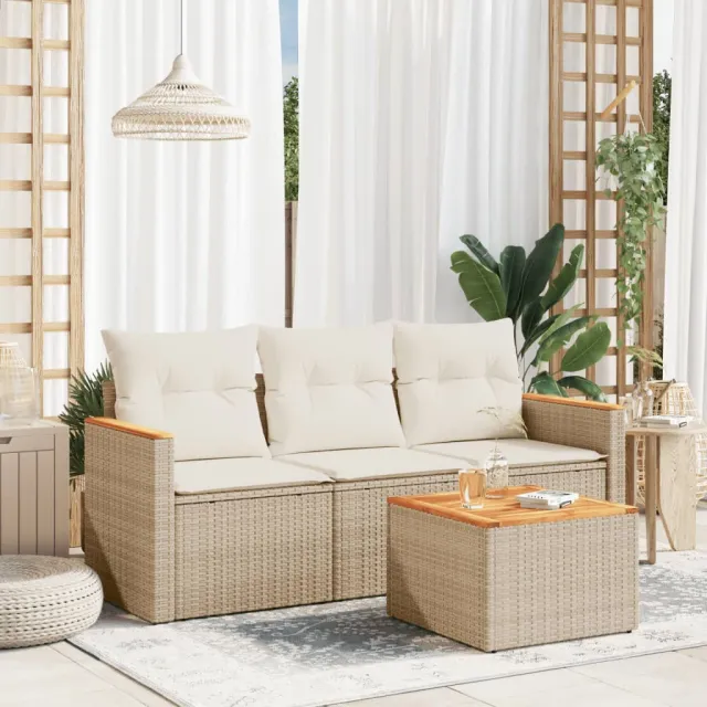 vidaXL 4-delige Loungeset met kussens poly rattan beige, foto 2