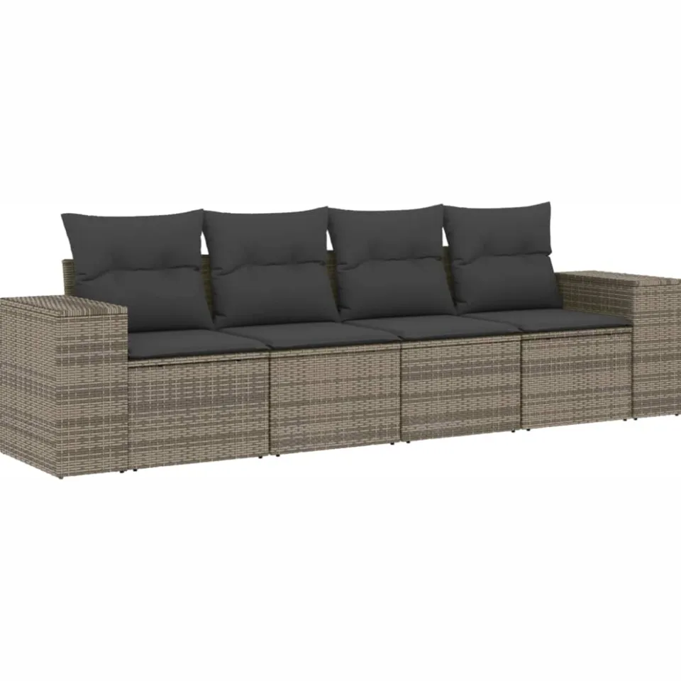 vidaXL 4-delige Loungeset met kussens poly rattan grijs, foto 3