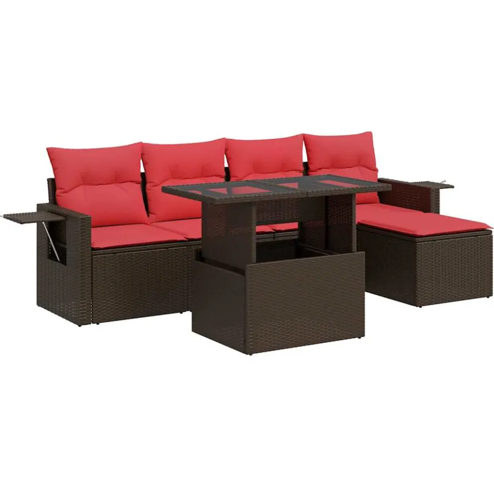 vidaXL 6-delige Loungeset met kussens poly rattan acacia bruin, foto 3