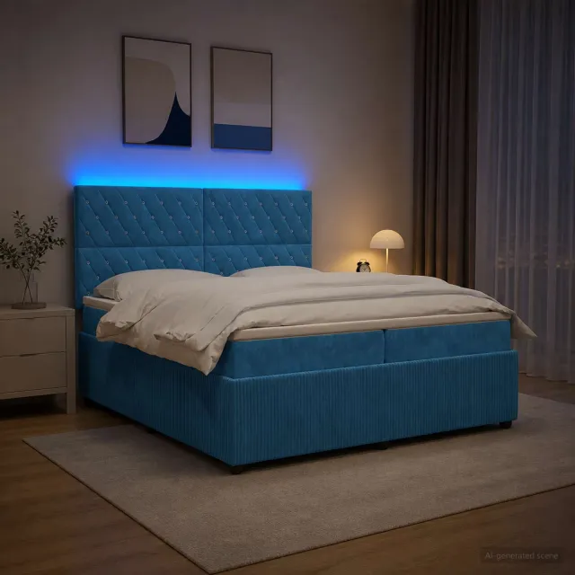 vidaXL LED Boxspring Bed met Matras Blauw 200 x 200 cm Fluweel