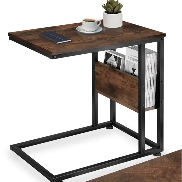 Tectake C-Vormige Bijzettafel van Hout en Metaal – Industrieel Design, Salontafel met Zijvak, 55x36,5x60 cm, Zwart Metalen Frame – industrial dark Donkerbruin - Rustiek