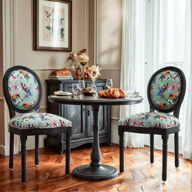 Homemiyn Eetkamerstoelen Set van 2 – Zwart Houten Frame Stoelen met Groene Vogel Bloemen Bekleding – Vintage Design Dining Chair – Gestoffeerde Keukenstoelen green