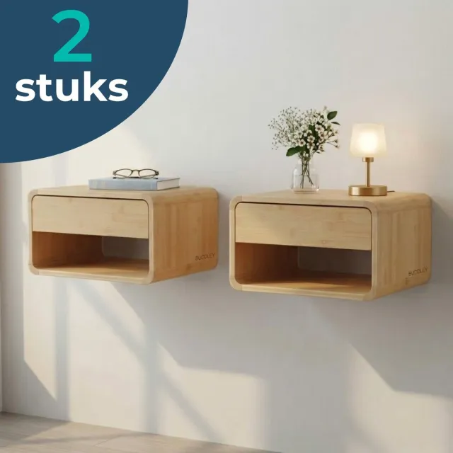 BUDDLEY Nachtkastjes set van 2 - Nachtkastje - Zwevend - Wand Nachtkastje met Lade - Nachtkastjes - Hout - Nachtkastje - Houten - Hangend - Bedside Table - Bamboe nachtkastje - met Laden - 30 tot 35 cm breed Set van 2 stuks