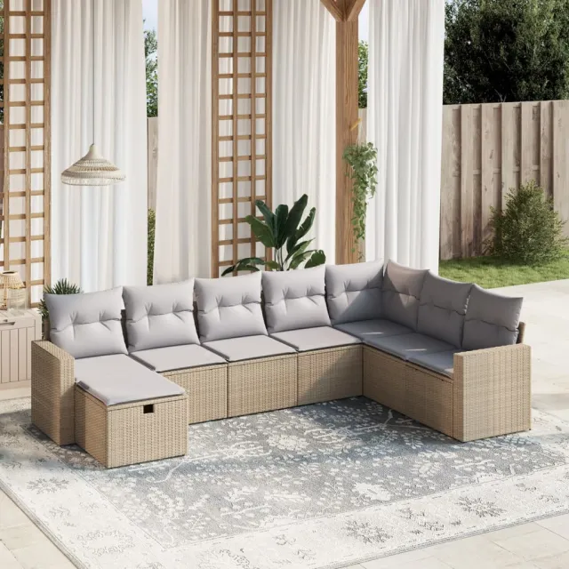 vidaXL 8-delige Loungeset met kussens poly rattan gemengd beige, foto 2
