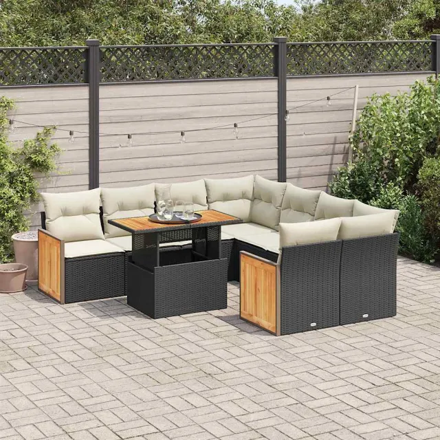 vidaXL 9-delige Loungeset met kussens poly rattan acacia zwart, foto 2