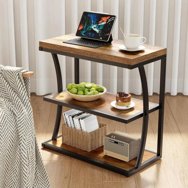 Tribesigns Bijzettafel - Metalen Bijzettafel in Landelijke Stijl - Bruin - Salontafel met Opbergruimte voor Woonkamer, Slaapkamer, Kleine Ruimtes