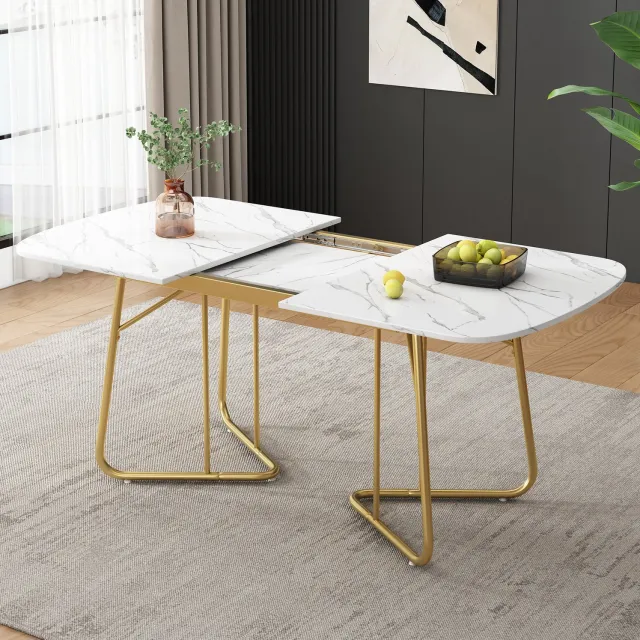 Maisentiel Uitschuifbare eettafel 140/180 x 80 cm – wit marmerlook MDF met gouden poten