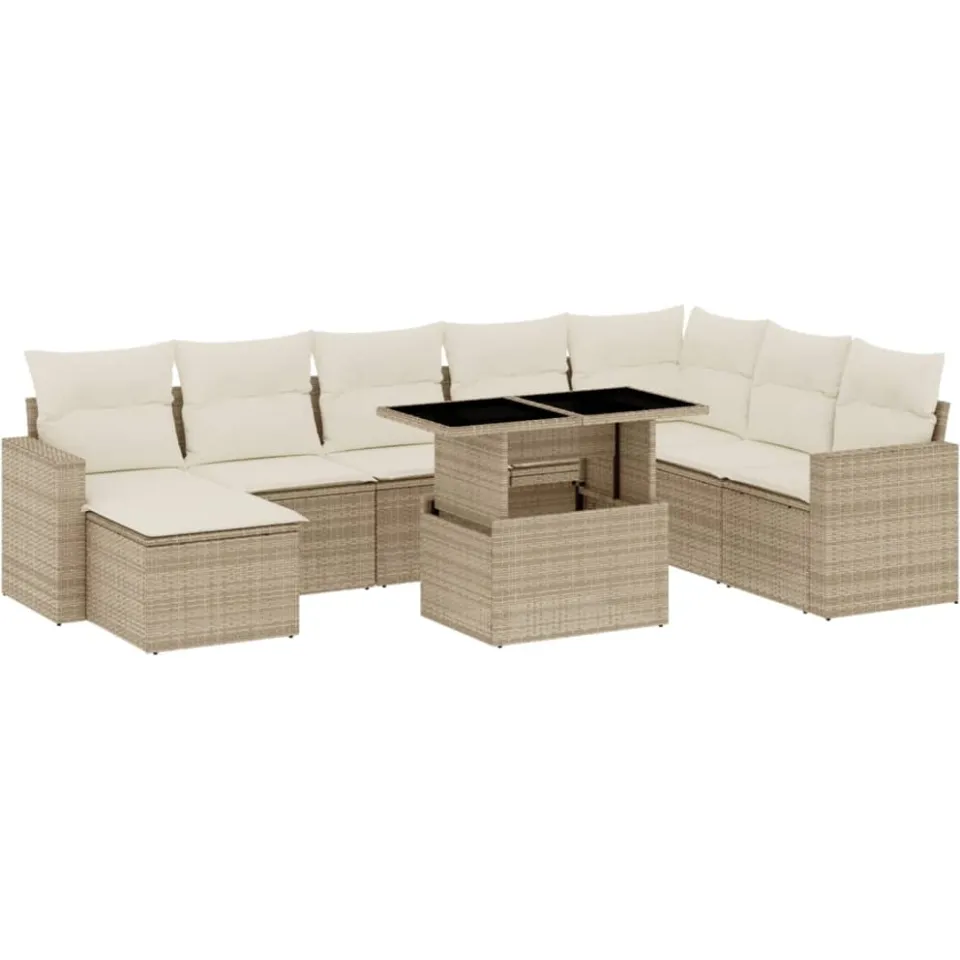 vidaXL 9-delige Loungeset met kussens poly rattan beige, foto 3
