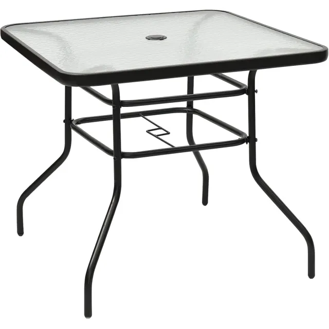 KOMFOTTEU tuintafel vierkant - bijzettafel met paraplugat - bistrotafel met glasplaat - eettafel tot 80 kg belastbaar - voor balkon, terras en tuin - 80 x 80 x 71 cm Zwart
