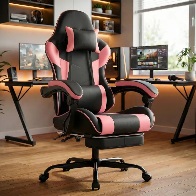 MEUNIQ gamingstoel zwart-roze met verstelbare zithoogte, kantelbare rugleuning, hoofd- en lendensteun, uitschuifbare voetensteun en wielen Zwart en roze