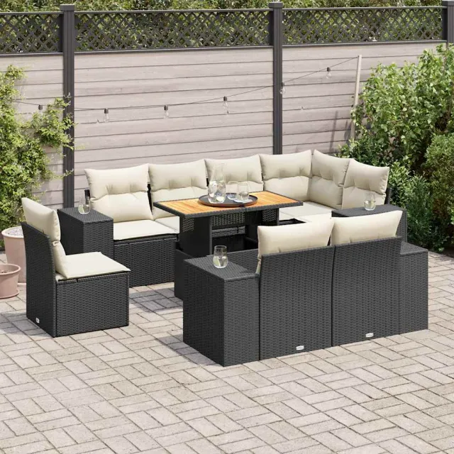 vidaXL 9-delige Loungeset met kussens poly rattan zwart, foto 2