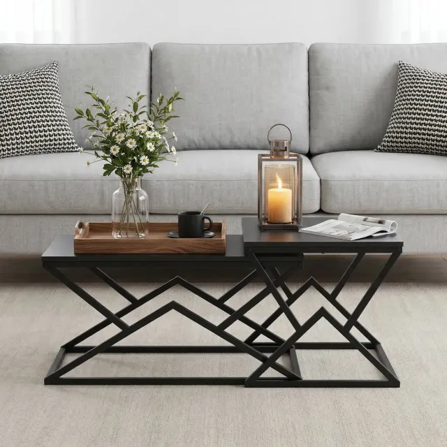 FloraGrace Salontafel - Geometrisch Ontwerp Met Metalen Frame - Voor Woonkamer En Zitruimte - Spaanplaat En IJzer - 80x50x40 Cm - Zwart