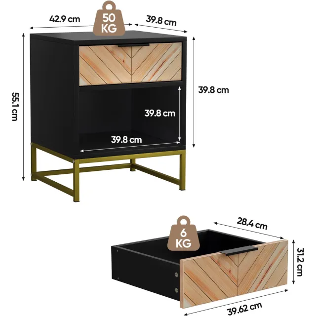REDOM Nachtkastje - 1 lade en open vak - 4 metalen poten - Mid-century stijl - Slaapkamer of woonkamer - MDF - Zwart + Naturel - 43 x 40 x 55 cm
