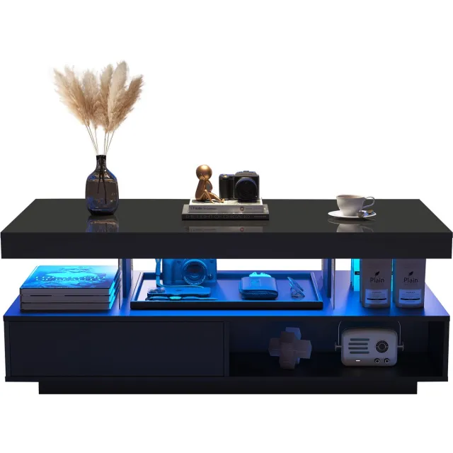 MUVANO Salontafel Hoogglans Zwart - Salontafel Met Led Verlichting - Met Glazen Platen - Push To Open Lades - 95x50x42,5 cm - App Bediening - Woonkamer Zwart